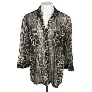CHICO'S Leopard Print Button Up Sheer Blouse Top Sz Large